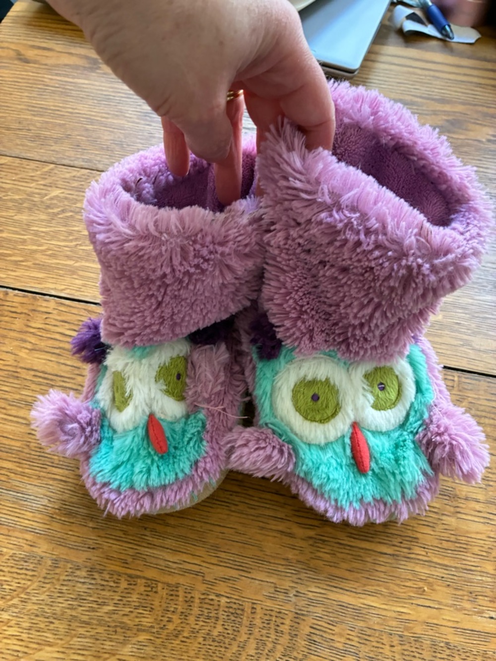 Plush Owl Kids Slipper Boots — Purple and Teal